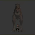 Small Red Character Standing Beside Transparent Dinosaur Figure On Reflective Surface