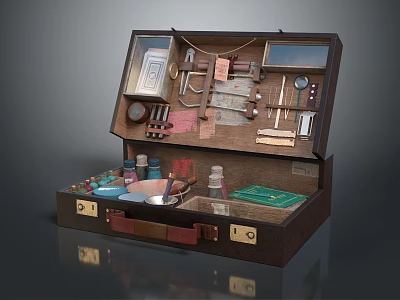 Assorted Hardware Tools Stored in Open Vintage Wooden Toolbox with Organized Compartments 3d model