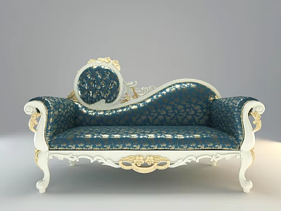 Classic Blue And White Double Sofa With Golden Carved Details And Curved Armrests 3d model