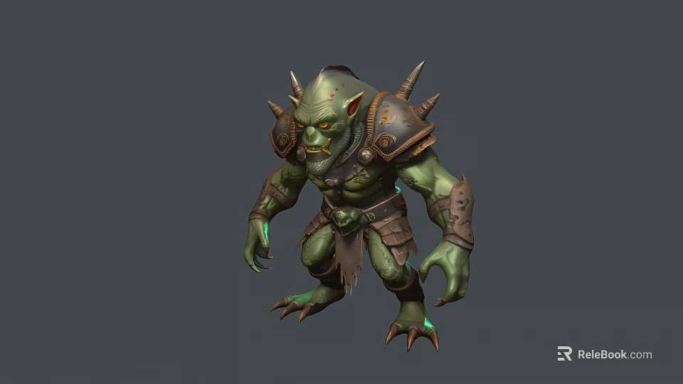 Green Skinned Orc Like Game Movie Character With Spiked Armor And Glowing Eyes 3d model 