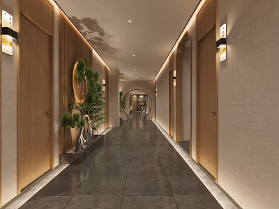 Modern Elevator Hallway Design With Wooden Doors Wall Lamps Green Plants And Gray Floor Tiles 3d model
