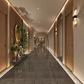 Modern Elevator Hallway Design With Wooden Doors Wall Lamps Green Plants And Gray Floor Tiles