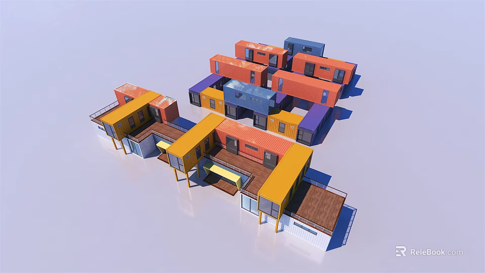 Colorful Container Building Modern Modular Design With Wooden Deck And Units 3d model 