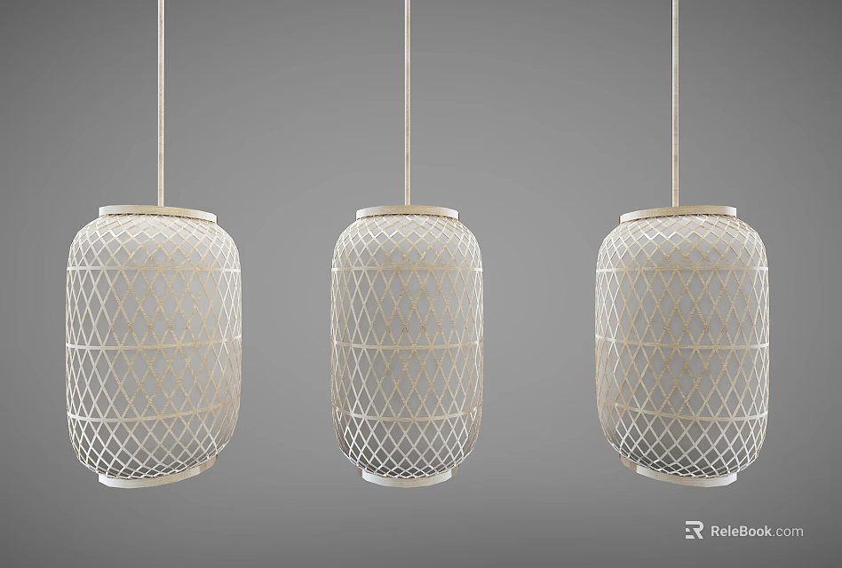 Three Hanging White Woven Texture Modern Lanterns for Decorative Pendant Lighting 3d model 