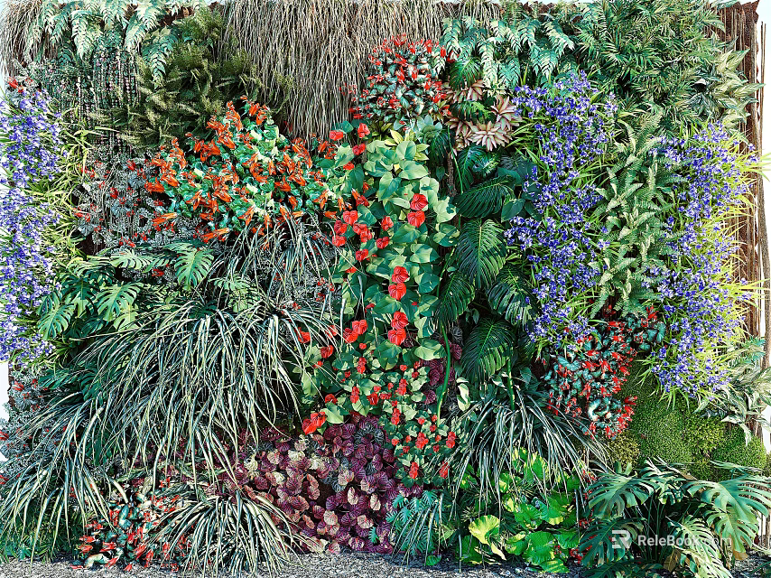 Living Plant Wall with Colorful Red Purple Flowers and Various Green Foliage 3d model 