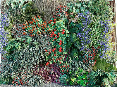 Living Plant Wall with Colorful Red Purple Flowers and Various Green Foliage 3d model
