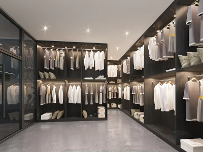 Modern Clothing Store Interior With Hanging Clothes Various Styles And Display Racks 3d model