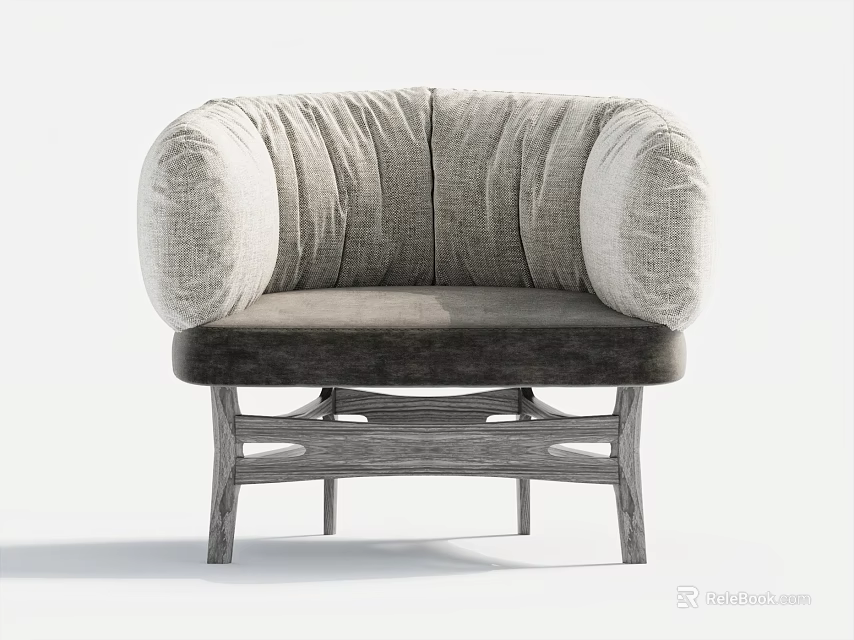 Single Sofa Modern Light Gray Fabric Plush Backrest Pleated Armrests Dark Gray Cushion Wooden Legs 3d model 