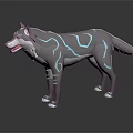 3D Mythical Wolf Character With Blue Glowing Lines Standing On Shiny Reflective Surface 3d model