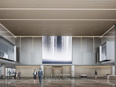 Modern Lobby Front Desk Reception With Elegant Waterfall Artwork And Marble Floor 3d model