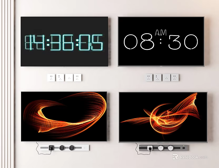 Four Modern TVs Mounted on Wall Showing Time and Abstract Orange Lines 3d model