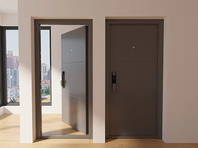 Modern Gray Security Door With Sleek Design Handle Lock In Indoor Setting 3d model