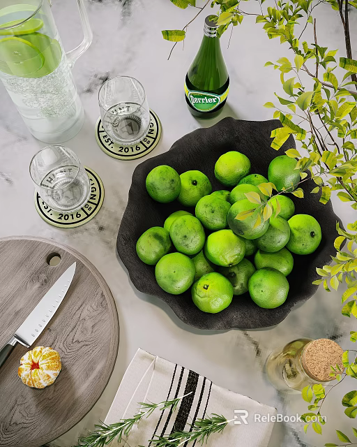 Black Ceramic Bowl Filled With Fresh Limes Alongside Glasses Wooden Cutting Board And Green Plant 3d model 
