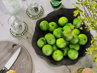 Black Ceramic Bowl Filled With Fresh Limes Alongside Glasses Wooden Cutting Board And Green Plant 3d model