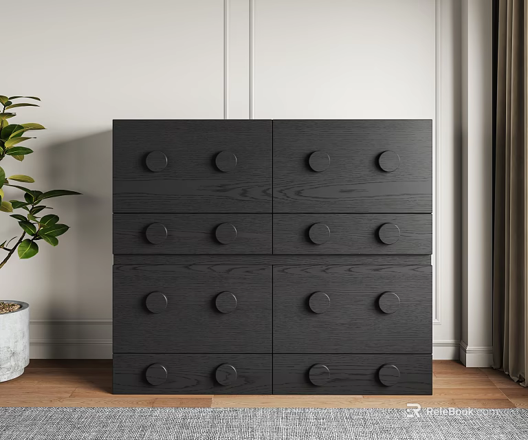 Dark Sideboard With Multiple Drawers Round Knobs Green Plant Wooden Floor Setting 3d model 