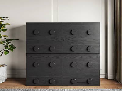Dark Sideboard With Multiple Drawers Round Knobs Green Plant Wooden Floor Setting 3d model