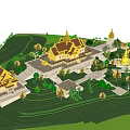 Traditional Ancient Southeast Asian Architecture With Golden Spire Roof Stone Wall And Trees