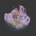 Enchanted Character in Ice Crystal Bowl with Splashing Water Chunks and Red Gold Attire