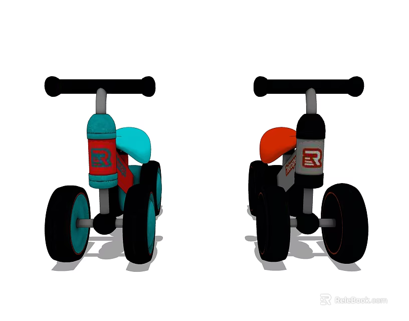 Colorful Children's Tricycles with Blue and Red Seats Black Handlebars and Wheels 3d model 
