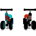 Colorful Children's Tricycles with Blue and Red Seats Black Handlebars and Wheels