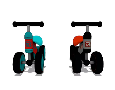 Colorful Children's Tricycles with Blue and Red Seats Black Handlebars and Wheels 3d model