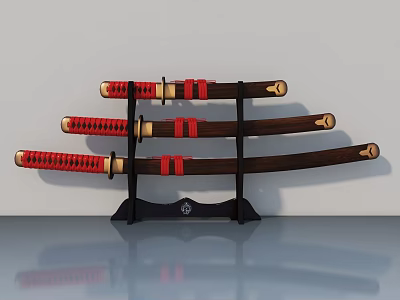 Three Samurai Swords With Red Straps On Black Stand Smooth Gray Surface Reflection 3d model