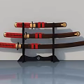 Three Samurai Swords With Red Straps On Black Stand Smooth Gray Surface Reflection