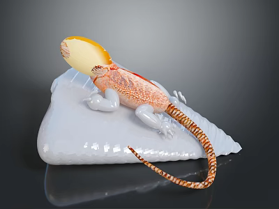 Orange and White Spotted Lizard with Yellow Head Structure on White Rock Against Dark Background 3d model
