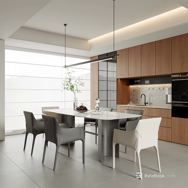 Modern Open Restaurant Kitchen With Wooden Cabinets Island Dining Table White Countertop And Green Plant 3d model 