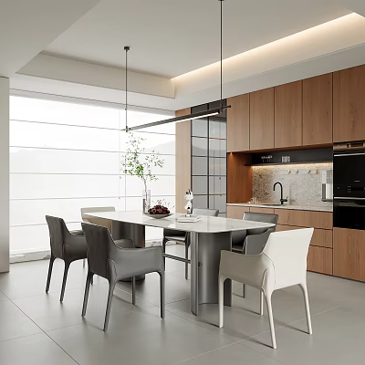 Modern Open Restaurant Kitchen With Wooden Cabinets Island Dining Table White Countertop And Green Plant 3d model