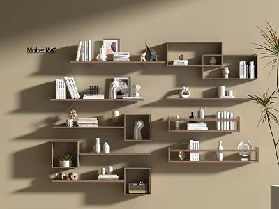Modern Wall Mounted Bookshelf With Geometric Shelves Decorative Items Photo Frames And Small Plants 3d model