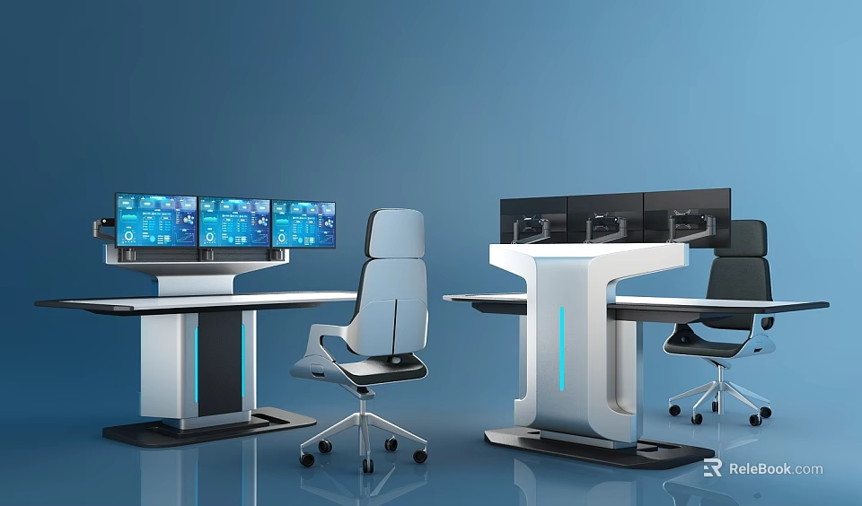 Modern Office Workstation Desk With Multiple Monitors And Ergonomic Chairs 3d model 