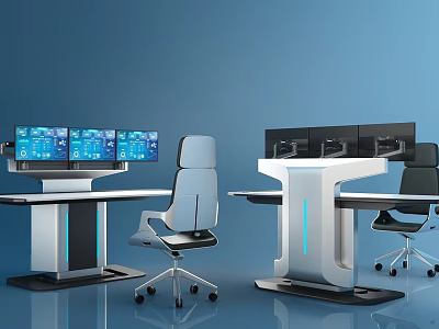 Modern Office Workstation Desk With Multiple Monitors And Ergonomic Chairs 3d model