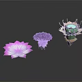 Colorful Decorative Lotus Flowers in Pink Purple and Green on Dark Background
