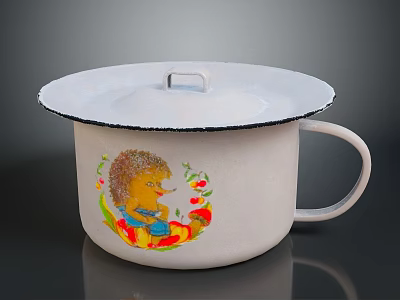 Vintage Enamel Mug With Lid Featuring Hedgehog Illustration Flowers And Fruits 3d model