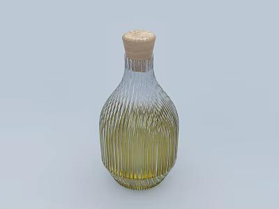 Artistic Glass Sculpture Carving with Vertical Stripes Cork Stopper and Yellow Liquid Inside 3d model