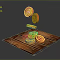 Shining Gold Coins Falling On Wooden Board With Stacked Coins Design