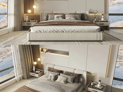 Modern Double Bed In Bedroom Interior With Nightstands Table Lamps And Scenic View 3d model