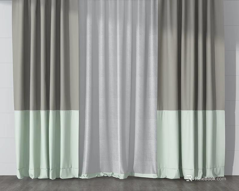 Layered Grey White And Light Green Curtains For Home Window Decor Design 3d model 