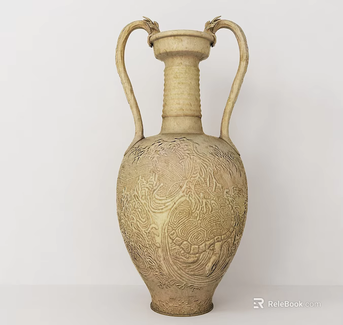 Vintage Decorative Ornament Set With Carved Ceramic Vase Two Handles Intricate Patterns 3d model 