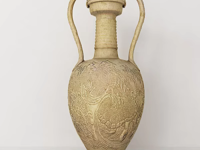 Vintage Decorative Ornament Set With Carved Ceramic Vase Two Handles Intricate Patterns 3d model