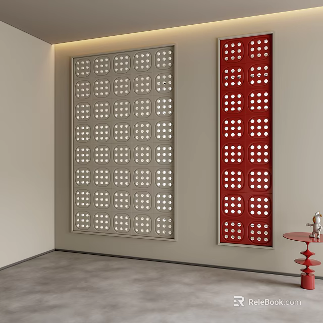 Gray And Red Room Dividers With Square Hollow Patterns In Interior Space 3d model