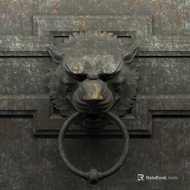 Bronze Lion Head Door Knocker As Decorative Element On Antique Door 3d model 