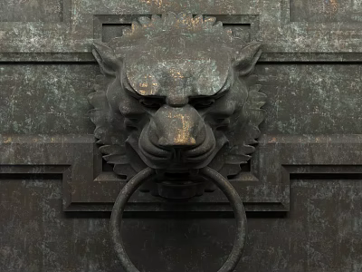 Bronze Lion Head Door Knocker As Decorative Element On Antique Door 3d model