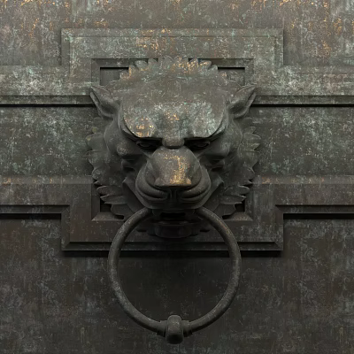 Bronze Lion Head Door Knocker As Decorative Element On Antique Door 3d model