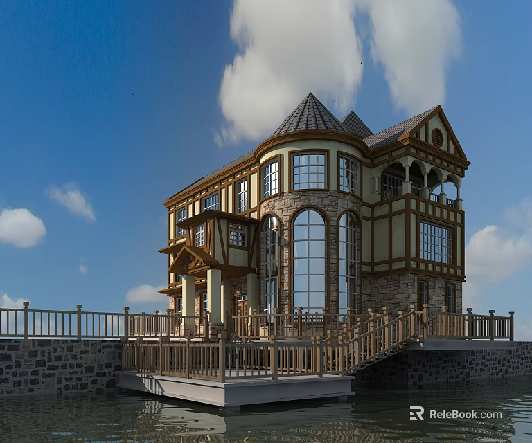 Detached Villa With Gabled Roof Large Windows Stone Walls Wooden Deck By Water Blue Sky 3d model 