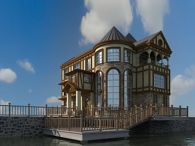 Detached Villa With Gabled Roof Large Windows Stone Walls Wooden Deck By Water Blue Sky 3d model