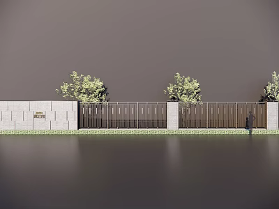 Brick Building Exterior Wall With Black Metal Gates Green Shrubs And Water Reflection 3d model