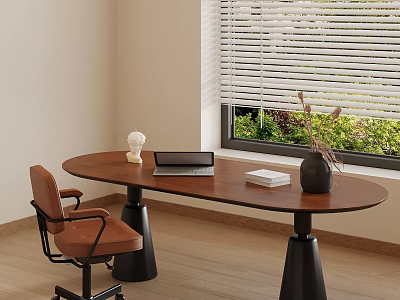 Oval Wooden Desk Workspace With Laptop Books Vase Sculpture And Brown Chair 3d model