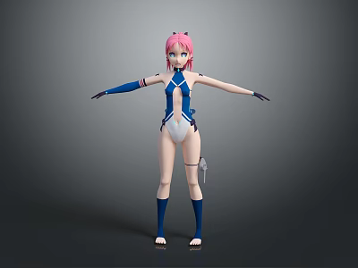 Game And Movie Character With Pink Hair Blue And White Outfit And Blue Arm Guards 3d model